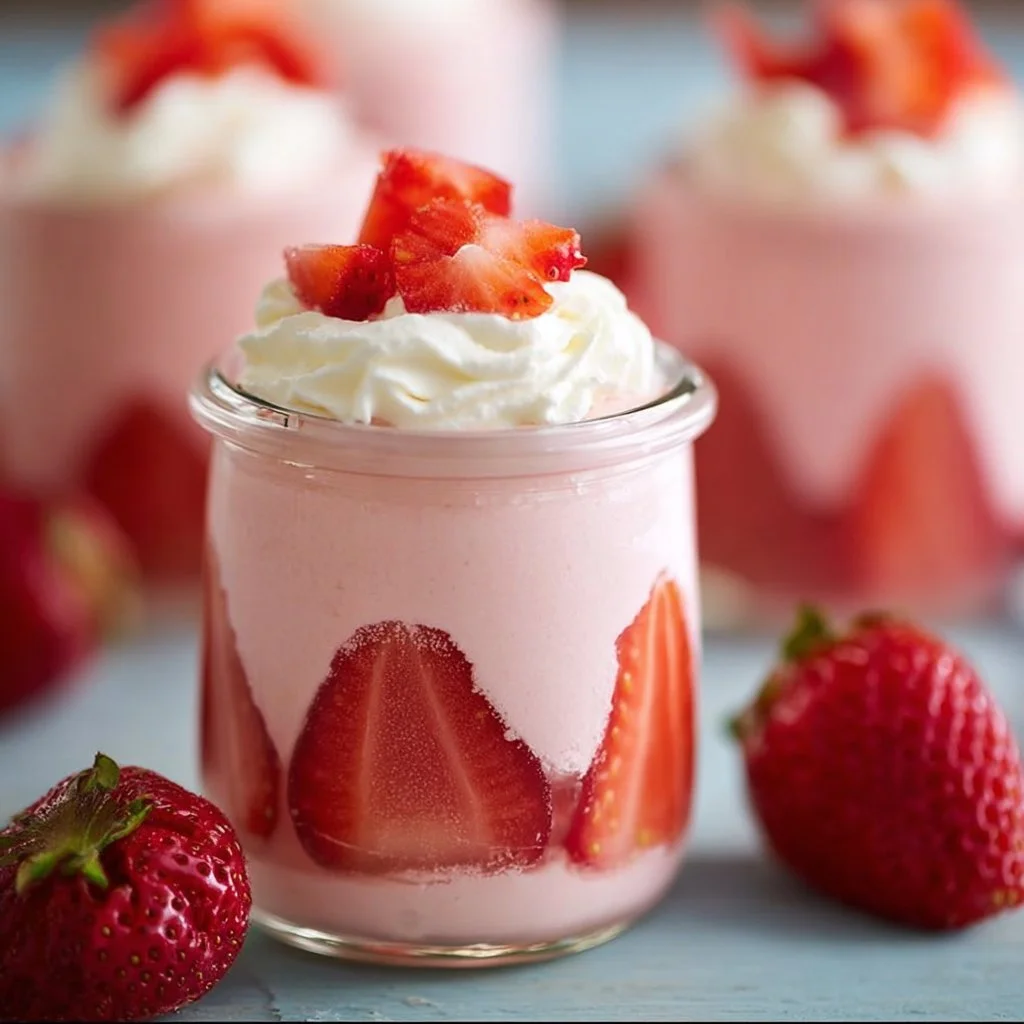 Strawberry Mousse 1 Delicious bowl of strawberry mousse topped with fresh strawberries