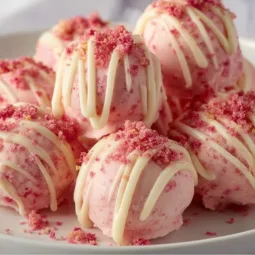 Delicious Strawberry Shortcake Truffles topped with fresh strawberries