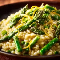 Creamy asparagus lemon risotto garnished with fresh asparagus tips.