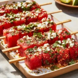 Fresh watermelon skewers with Tajin seasoning on a wooden platter