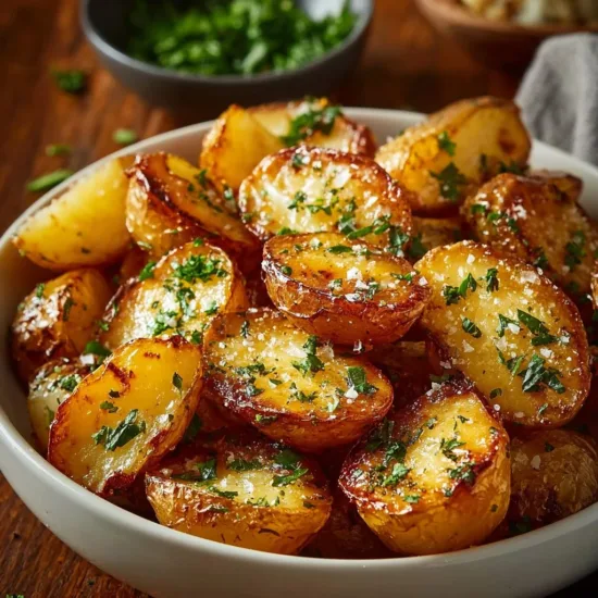 Plate of crispy lemon Greek potatoes garnished with herbs