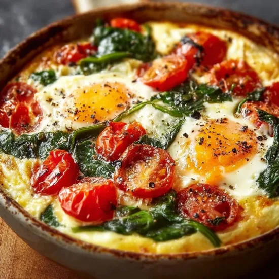 Baked feta eggs with spinach and tomatoes in a ceramic dish