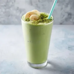 Delicious Banana Matcha Smoothie in a glass with fresh ingredients