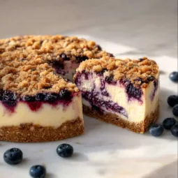 Delicious blueberry cheesecake with creamy filling and fresh blueberries on top