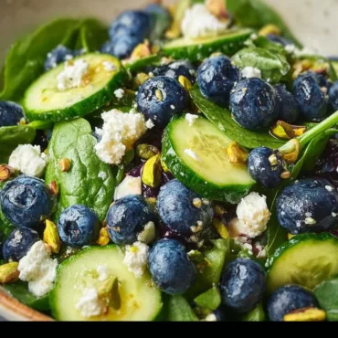 Blueberry Pistachio Spring Salad with fresh greens and vibrant colors.