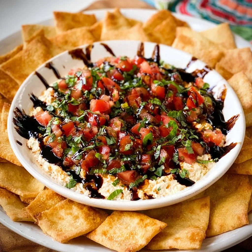 Delicious bruschetta dip served with fresh bread and vibrant toppings.