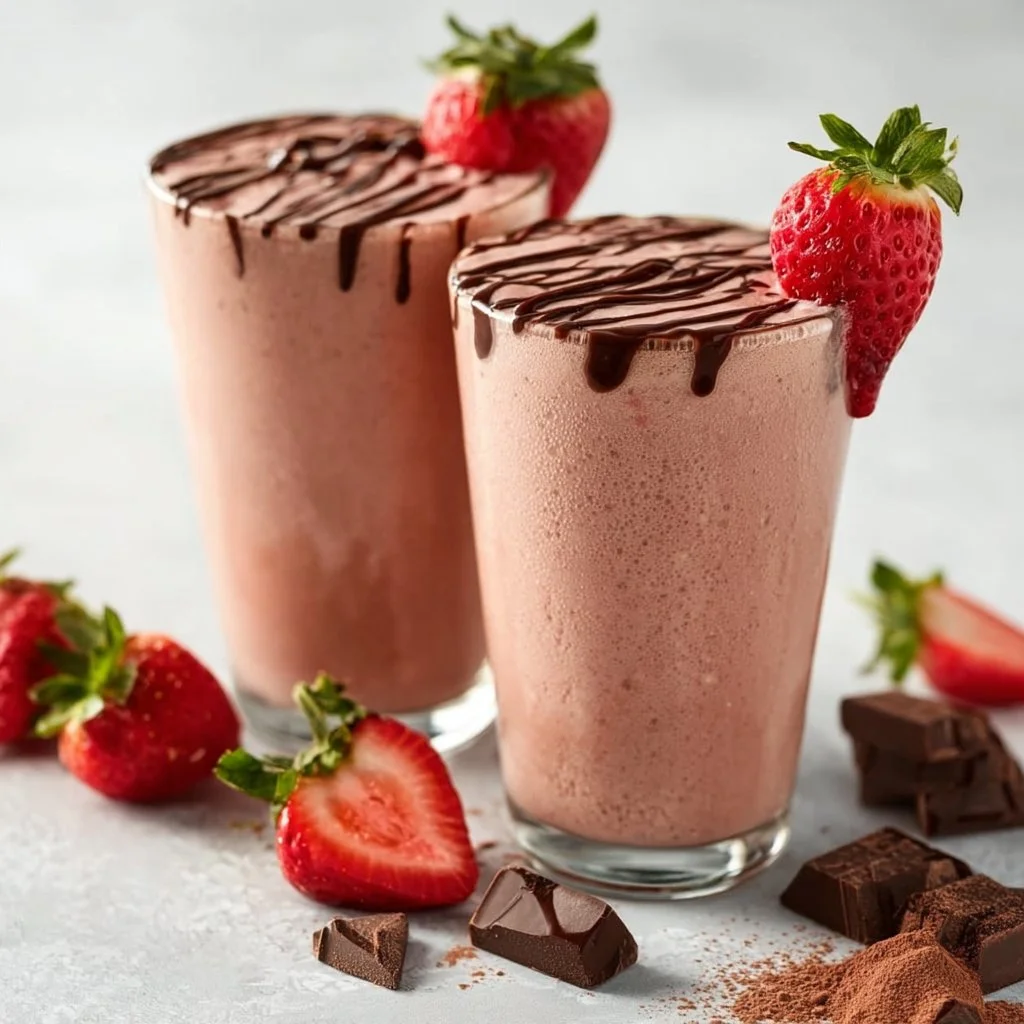 Chocolate covered strawberry protein smoothie topped with fresh strawberries.