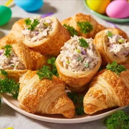 Classic Easter chicken salad served in crescent rolls, perfect for holiday gatherings.