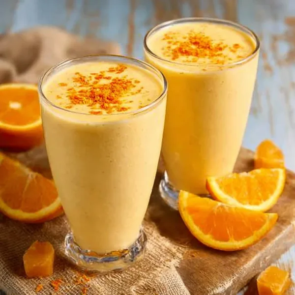 A delicious creamy orange dreamsicle smoothie in a glass with a slice of orange garnish.