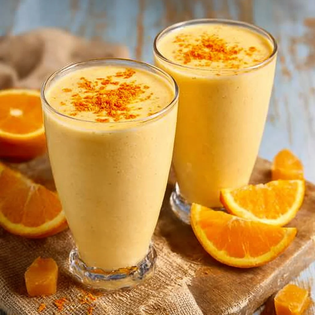 A delicious creamy orange dreamsicle smoothie in a glass with a slice of orange garnish.