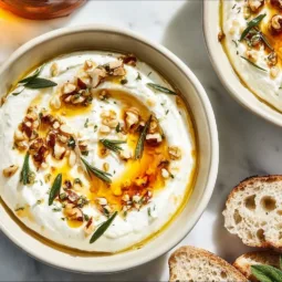 Delicious ricotta dip topped with hot honey, ready to serve as a savory appetizer.