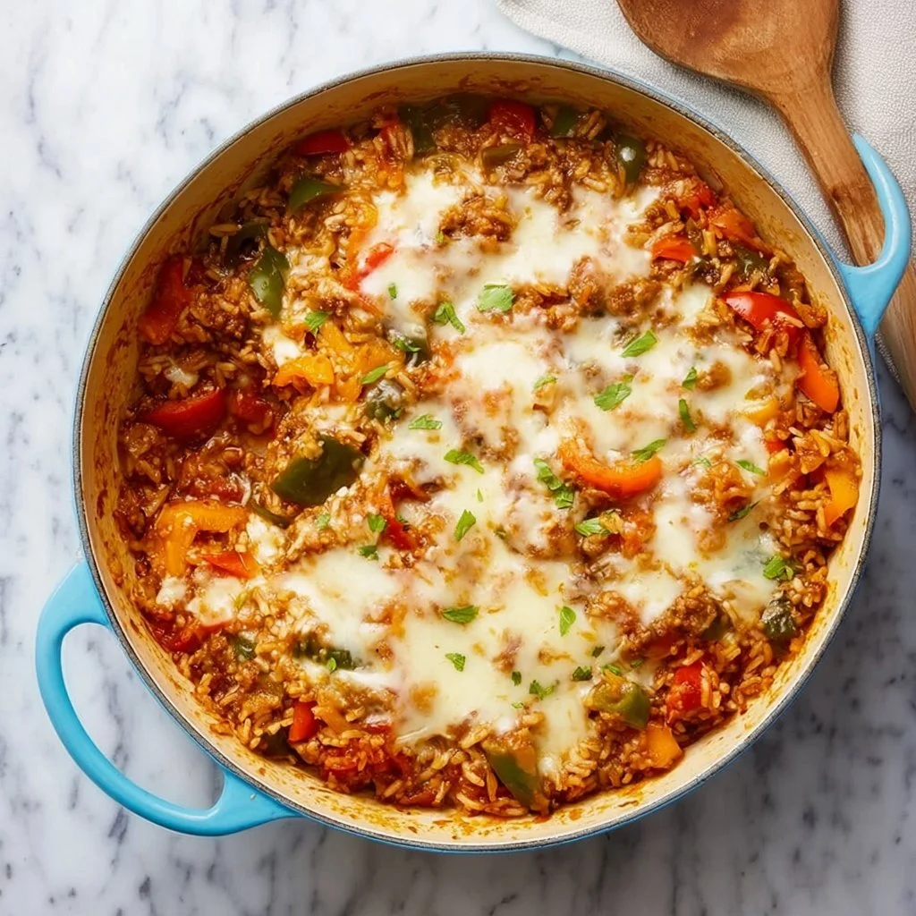 Delicious easy stuffed pepper casserole topped with melted cheese