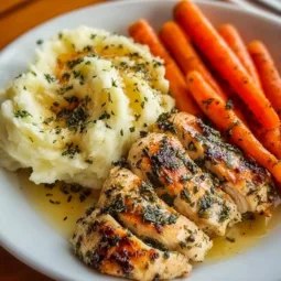 Delicious Garlic Herb Chicken with creamy mashed potatoes and glazed carrots