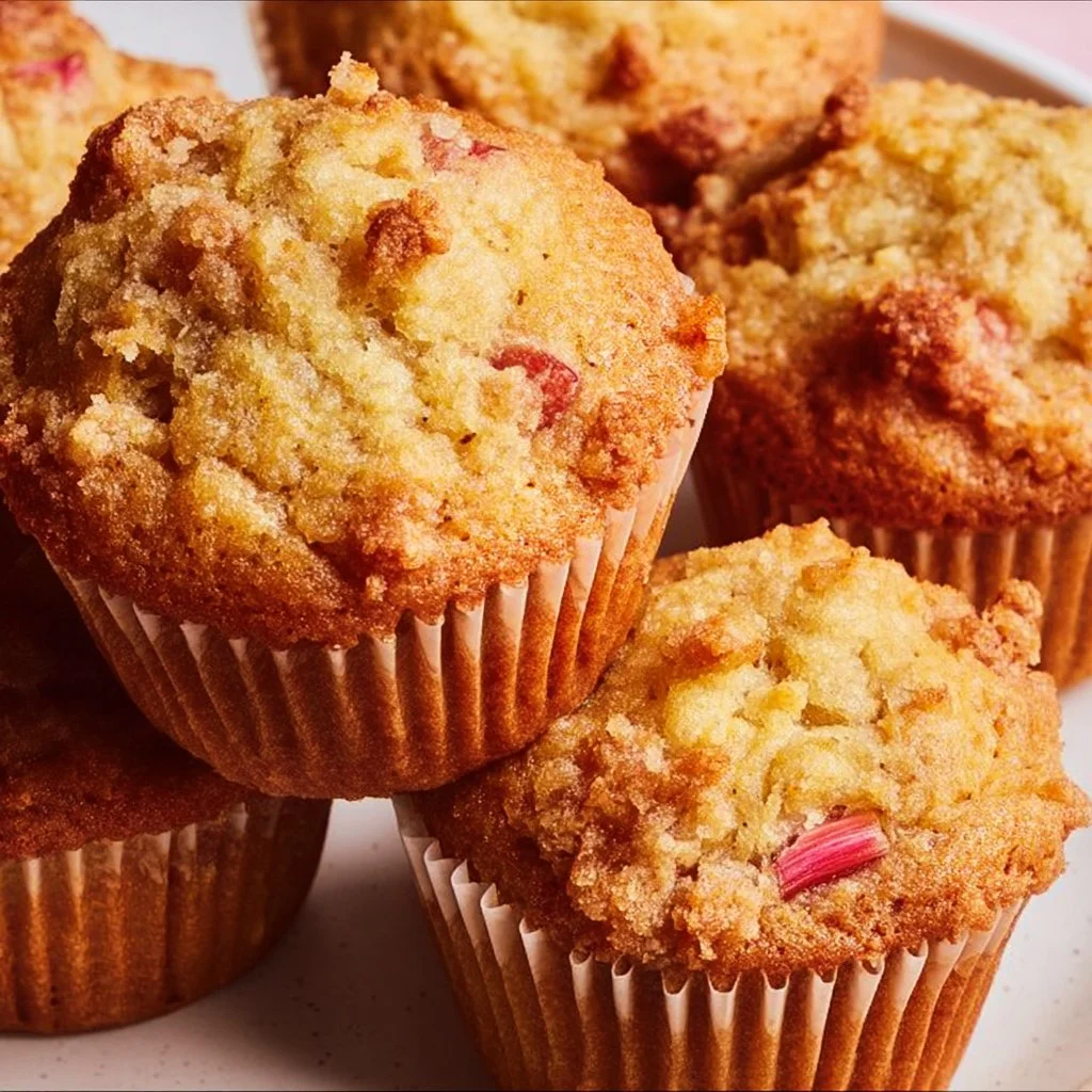 Freshly baked healthy rhubarb muffins on a wooden table