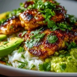 Honey Lime Chicken served with creamy avocado rice on a plate