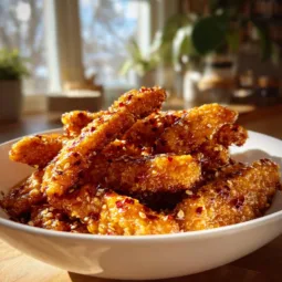 Crispy honey mustard tofu tenders served on a plate with dipping sauce