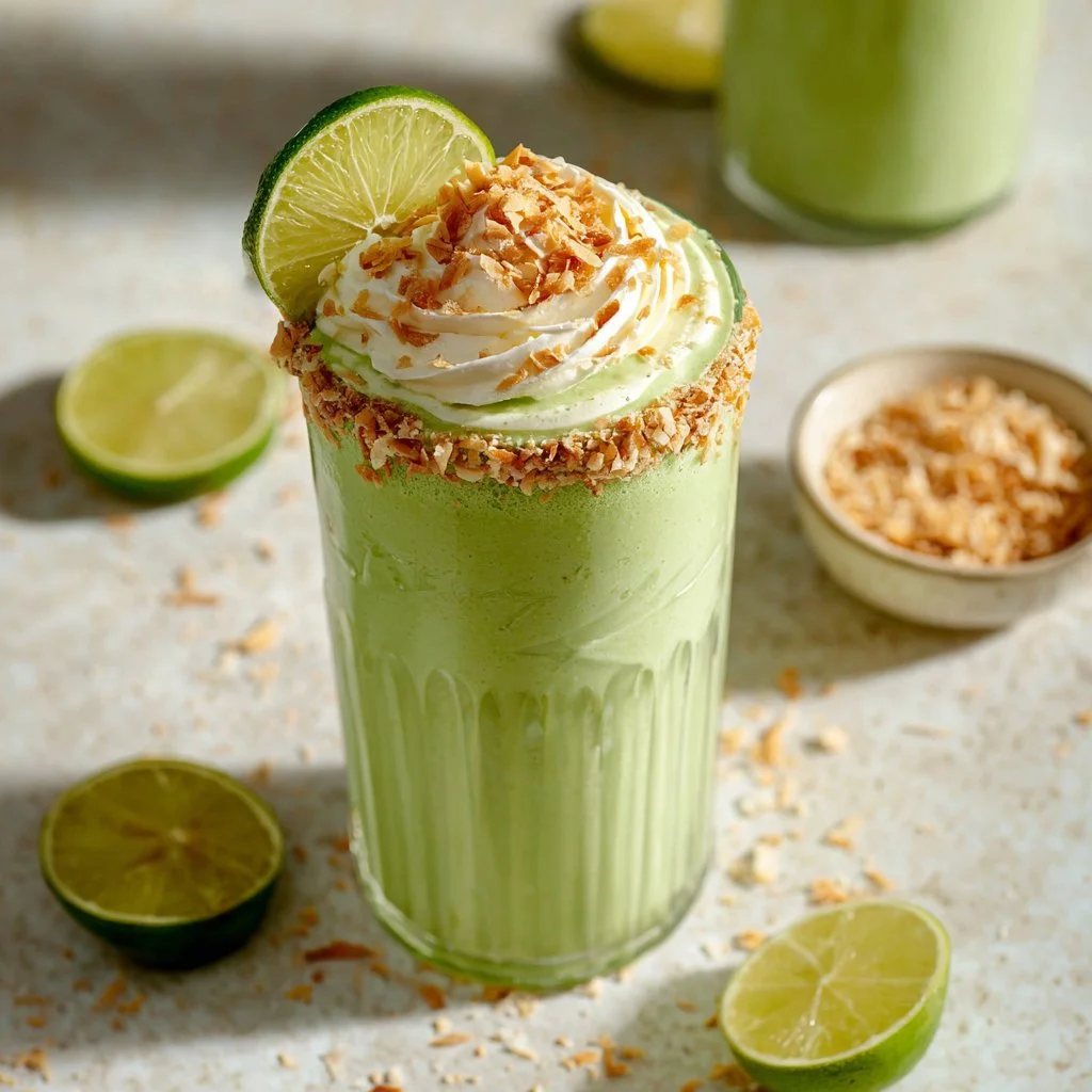 Delicious Key Lime Pie Smoothie garnished with lime slices and whipped cream