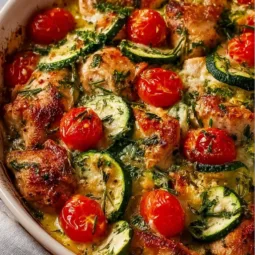 Mediterranean Chicken Zucchini Bake served on a plate, garnished with herbs.