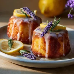 Mini lemon cakes topped with lavender glaze, elegantly arranged on a plate.