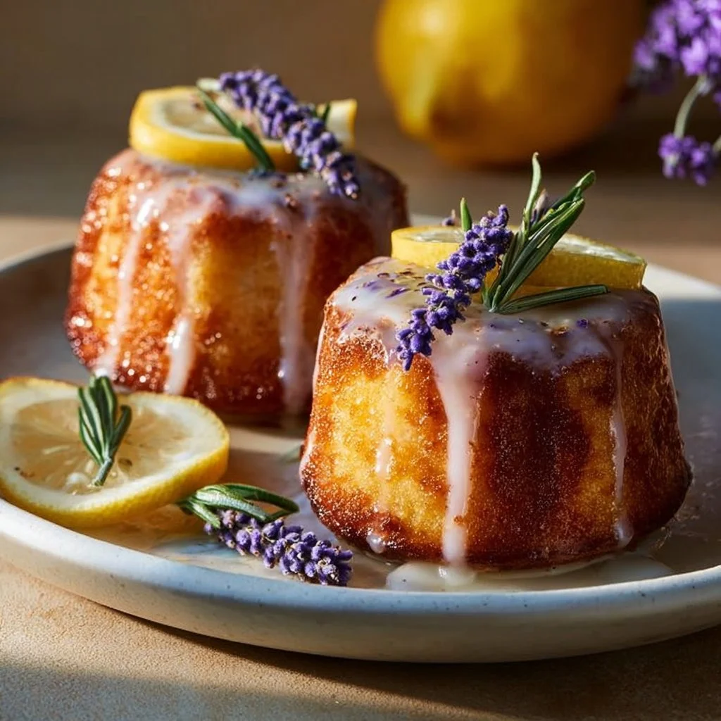 Mini lemon cakes topped with lavender glaze, elegantly arranged on a plate.