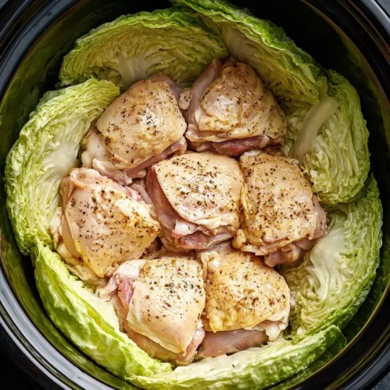 Slow cooker buttered cabbage with chicken dish garnished with herbs.