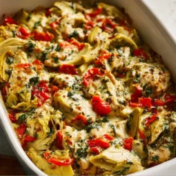 Creamy Spinach Artichoke Chicken Bake topped with cheesy goodness