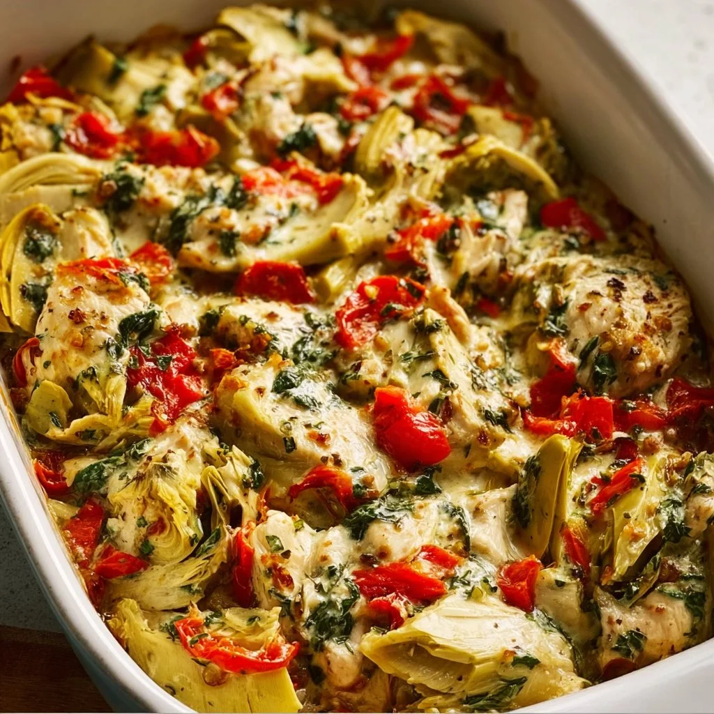 Creamy Spinach Artichoke Chicken Bake topped with cheesy goodness
