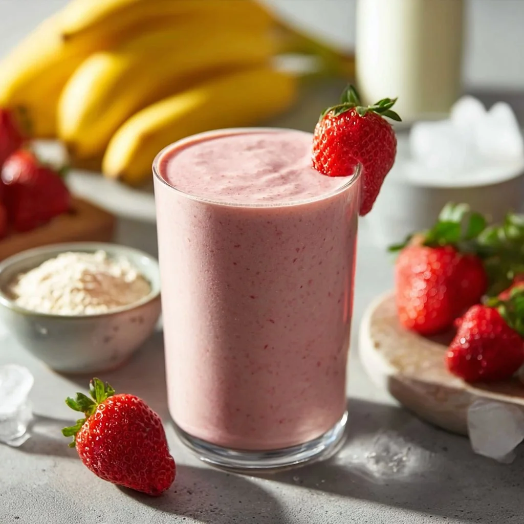 Strawberry Banana Protein Smoothie in a glass, topped with fresh fruit