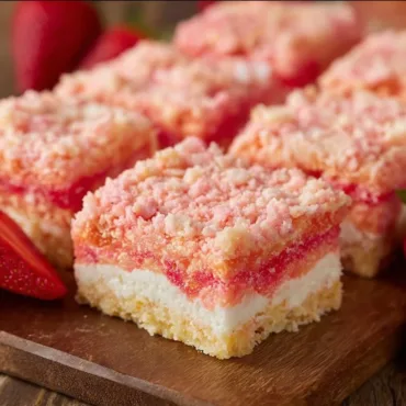 Homemade Strawberry Crunch Bars with crunchy topping and fresh strawberries
