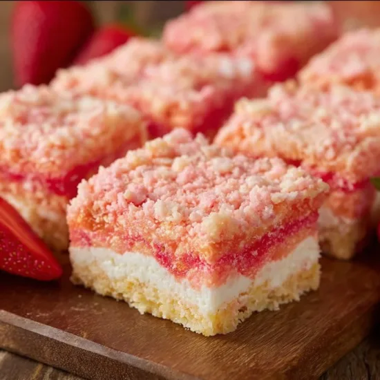 Homemade Strawberry Crunch Bars with crunchy topping and fresh strawberries