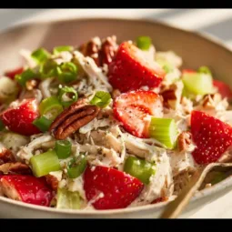 Delicious Strawberry Pecan Poppy Seed Chicken Salad served in a bowl