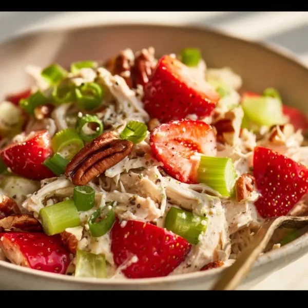 Strawberry Pecan Poppy Seed Chicken Salad 7 Delicious Strawberry Pecan Poppy Seed Chicken Salad served in a bowl