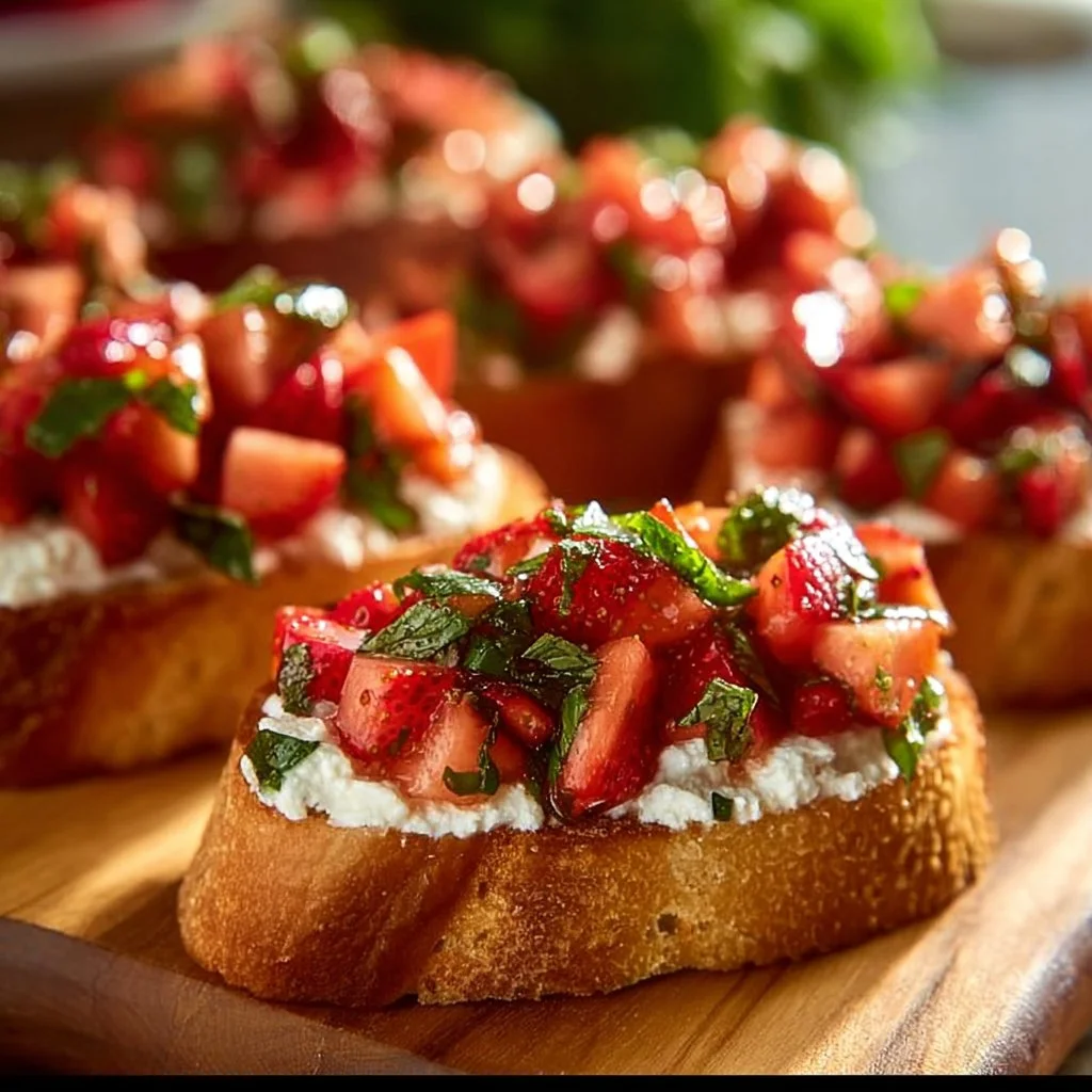 Strawberry Ricotta Bruschetta on toasted bread with fresh strawberries and basil
