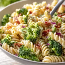Colorful summer pasta salad with broccoli and fresh vegetables