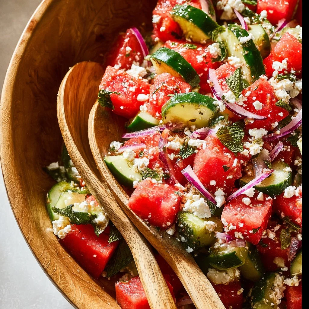 A colorful bowl of watermelon cucumber salad with mint leaves and lime dressing.